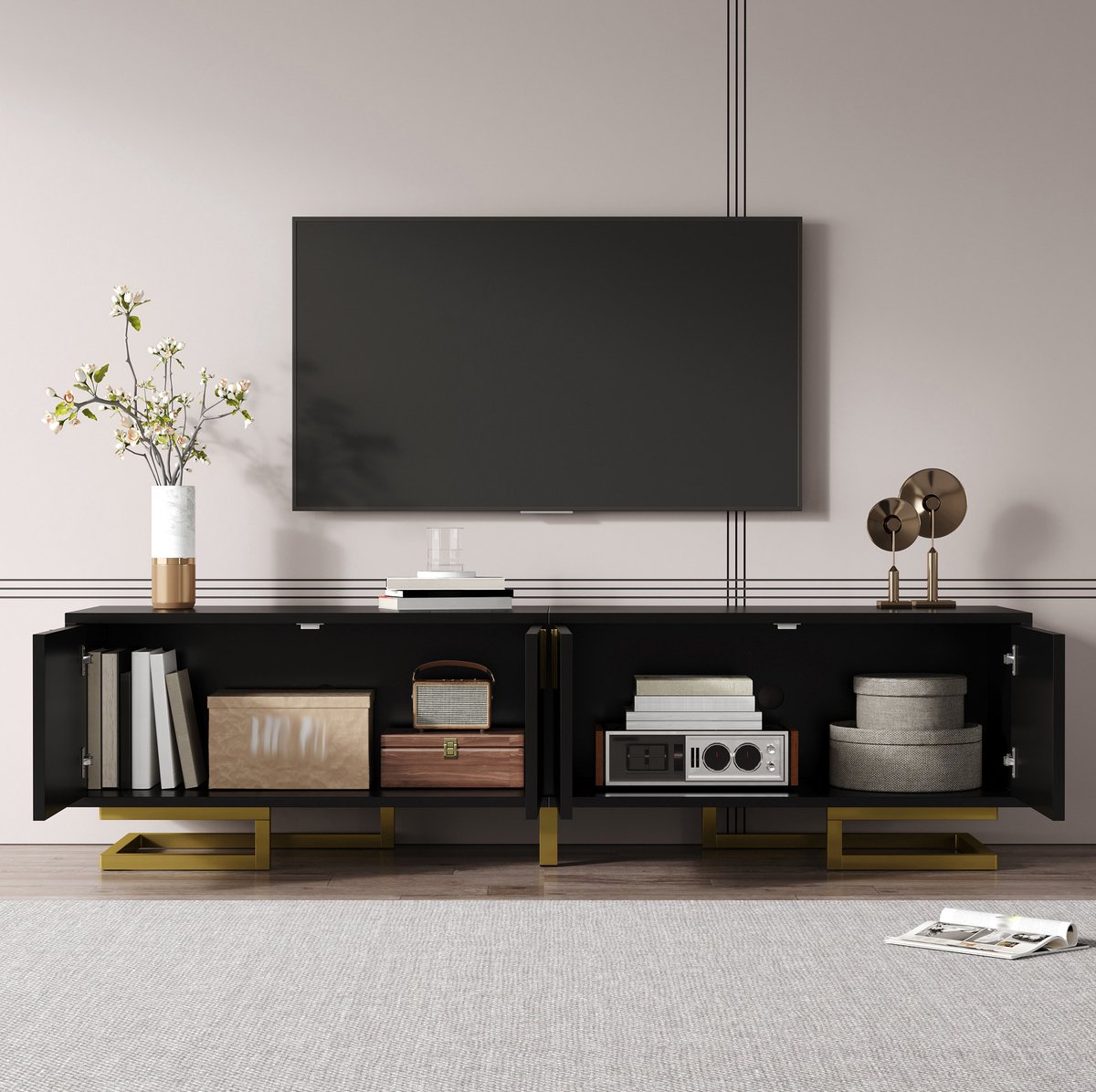 MEUNIQ TV-meubel 160 cm met 4 deuren, zwart lowboard met gestructureerde fronten, gouden handgrepen en metalen poten, opbergkast voor woonkamer
