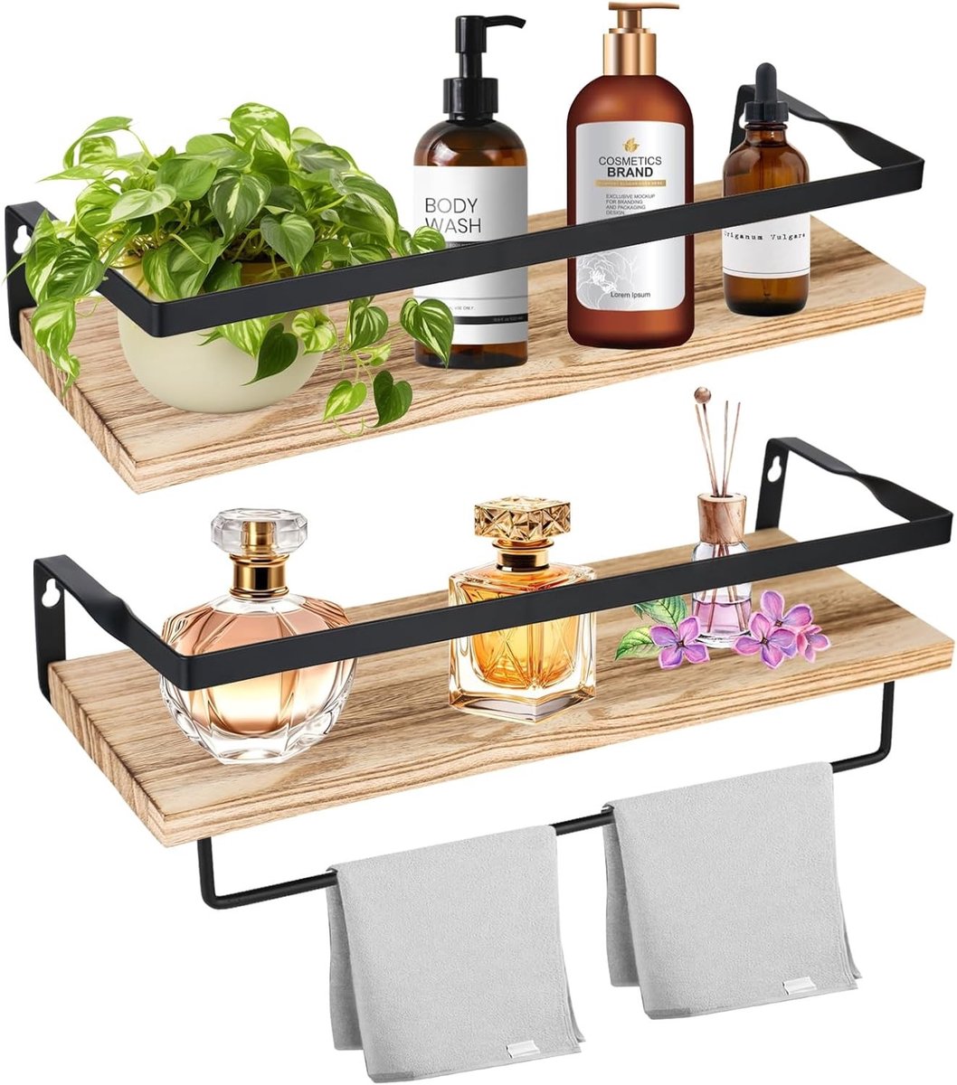 Set van 2 Houten Wandplanken met Handdoekrek, 40 cm - Decoratieve Drijvende Planken voor Keuken, Badkamer en Woonkamer