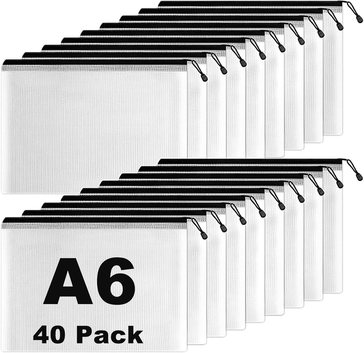 Set van 40 Documenten Tassen A6 met Rits, Zwarte Mesh PVC Opbergtassen voor Ontvangsten, Kaarten, School, Kantoor en Reizen, 12 x 16 cm