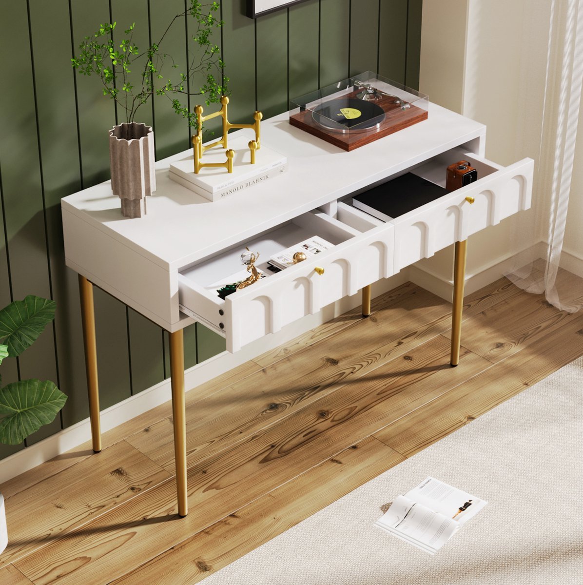 MEUNIQ Kaptafel 100 x 45 x 76,5 cm met 2 lades, crèmewit, metalen poten, rechthoekige make-uptafel voor slaapkamer met opbergruimte