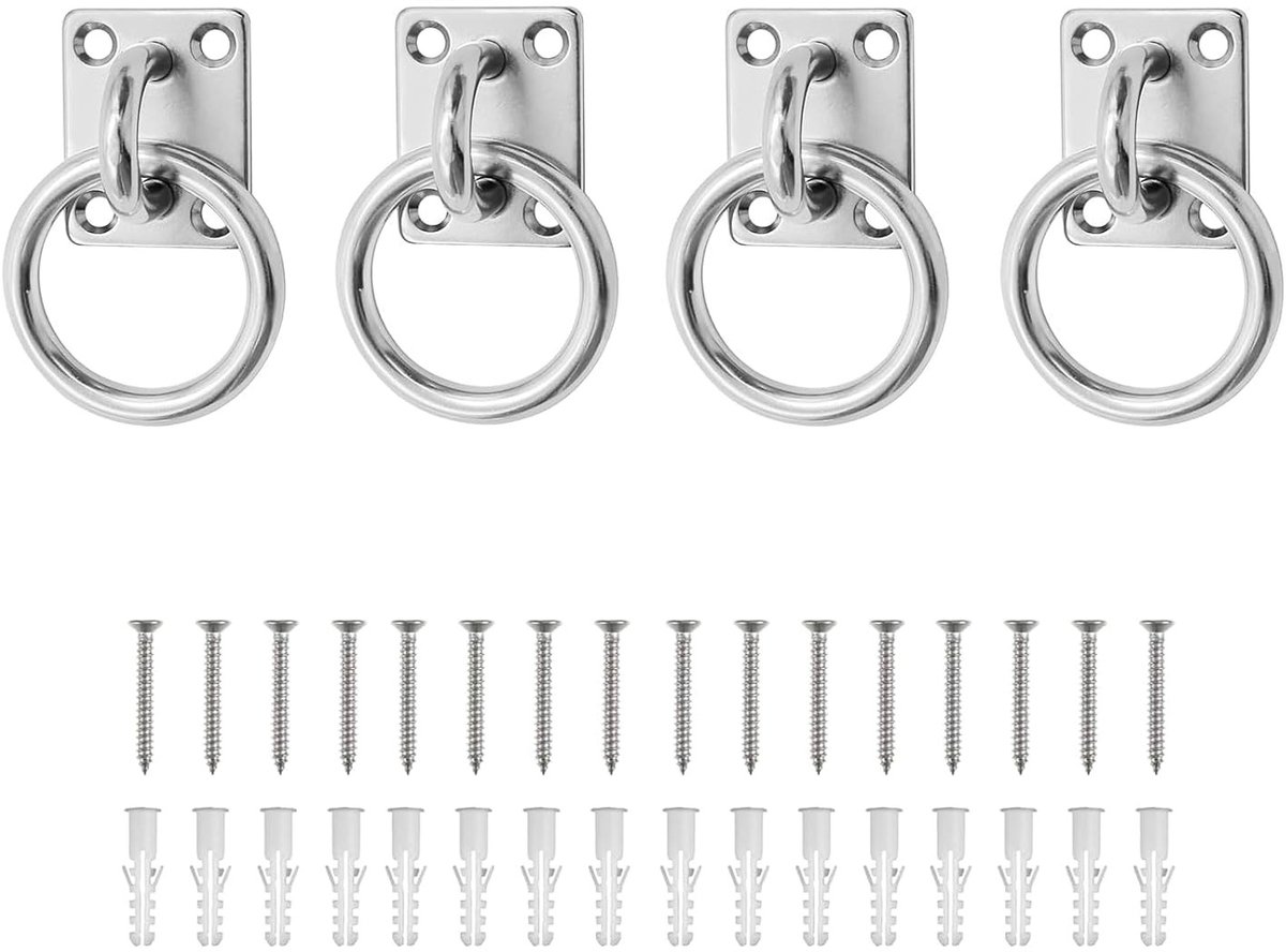 RVS Oogplaat 304 (4 Stuks) met Oogje 5mm - Stevige Oogplaat met Schroeven en Pluggenset voor Hout, Muren en Plafonds | Accessoires voor Paarden en Bootbenodigdheden
