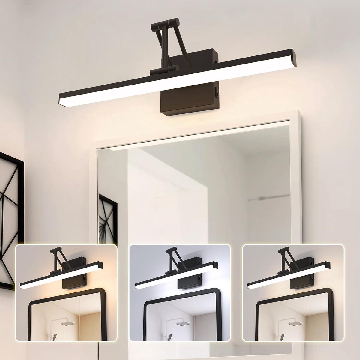 Spiegellamp - Aluminium Zwart - Verstelbare Telescooparm - Drie Lichtkleuren - Voor Badkamer en Woonkamer