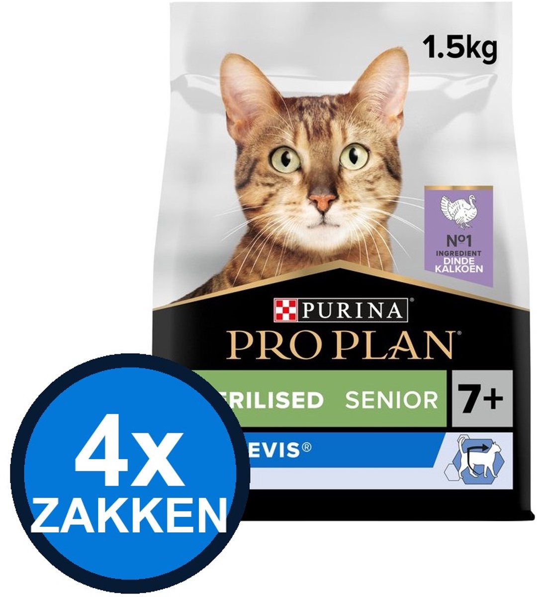 4x Pro Plan - Senior 7+ Sterilised Longevis Kalkoen - Kattenvoer Droogvoer - 1.5 kg