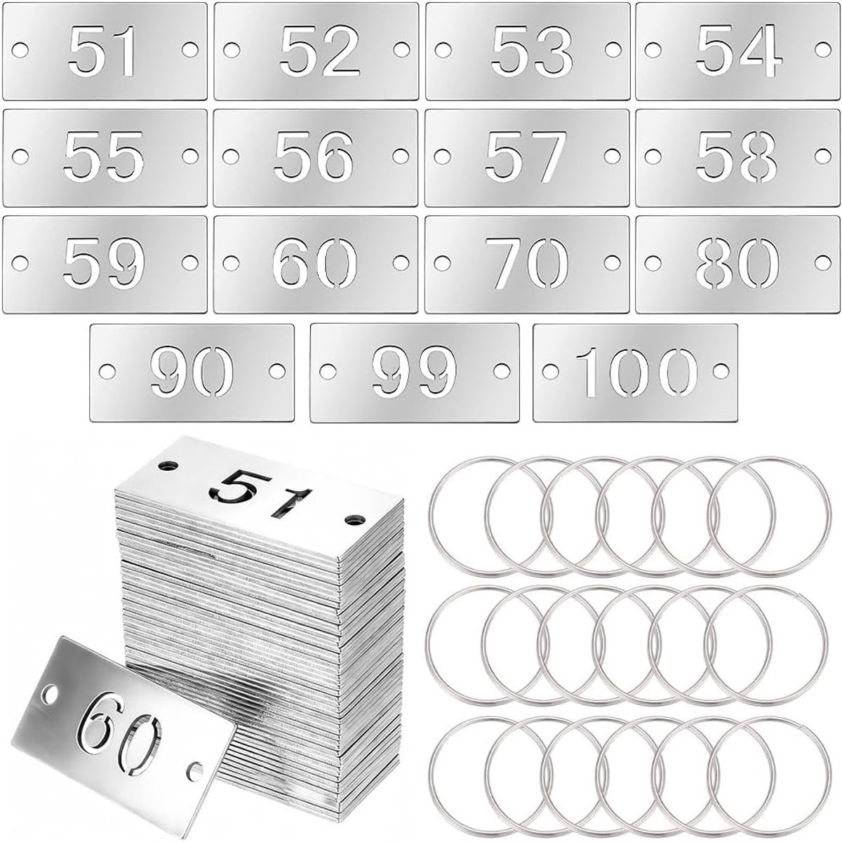 Box met 50 genummerde roestvrijstalen labels met gaten voor sleutelhangers, ideaal voor sleutelidentificatie en organisatie, rechthoekige metalen etiketten