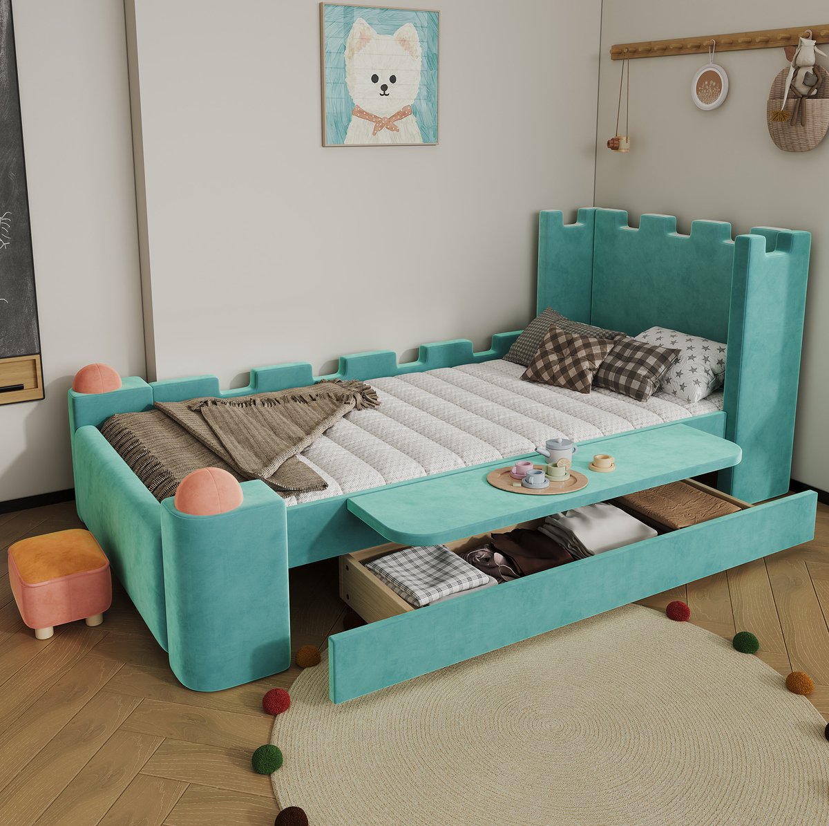 MIVRAY Kinderbed 90x200 cm Zonder Matras - Gestoffeerd Bed Met Klapbare Zijplank En Opberglade - Kasteelontwerp - Stof - Blauwgroen