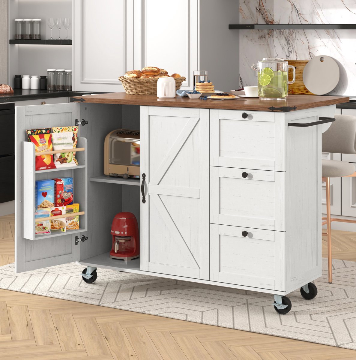 MEUNIQ keukeneiland 140 cm met uitklapbaar werkblad, keukenwagen op 5 wielen met 3 lades, kast met deuren en handdoekhouder voor keuken, Beige