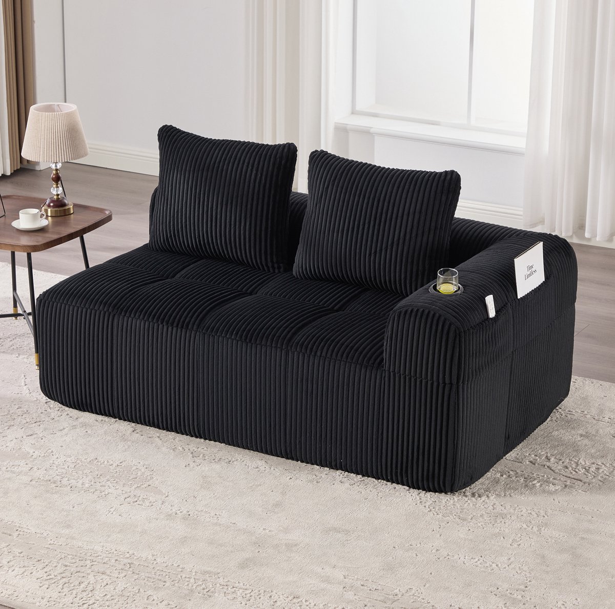 DESMIU Zitbank 158 Cm - 2-Zits Met Opbergvakken En Bekerhouder - Voor Woonkamer En Logeerkamer - Corduroy Zwart