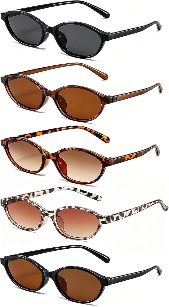Set van 5 Retro Zonnebrillen voor Dames, Ovale Zonnebrillen met UV400 Bescherming | Lichtgewicht en Robuuste Vintage Zonnebrillen voor Festivals, Strand en Dagelijks Gebruik