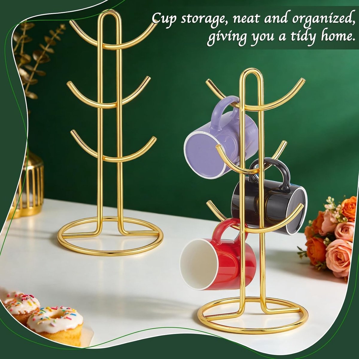 Mokhouder Boom - Koffiebekerrek - Keuken Organiseren - 6 Haken - 17x39cm - Goud