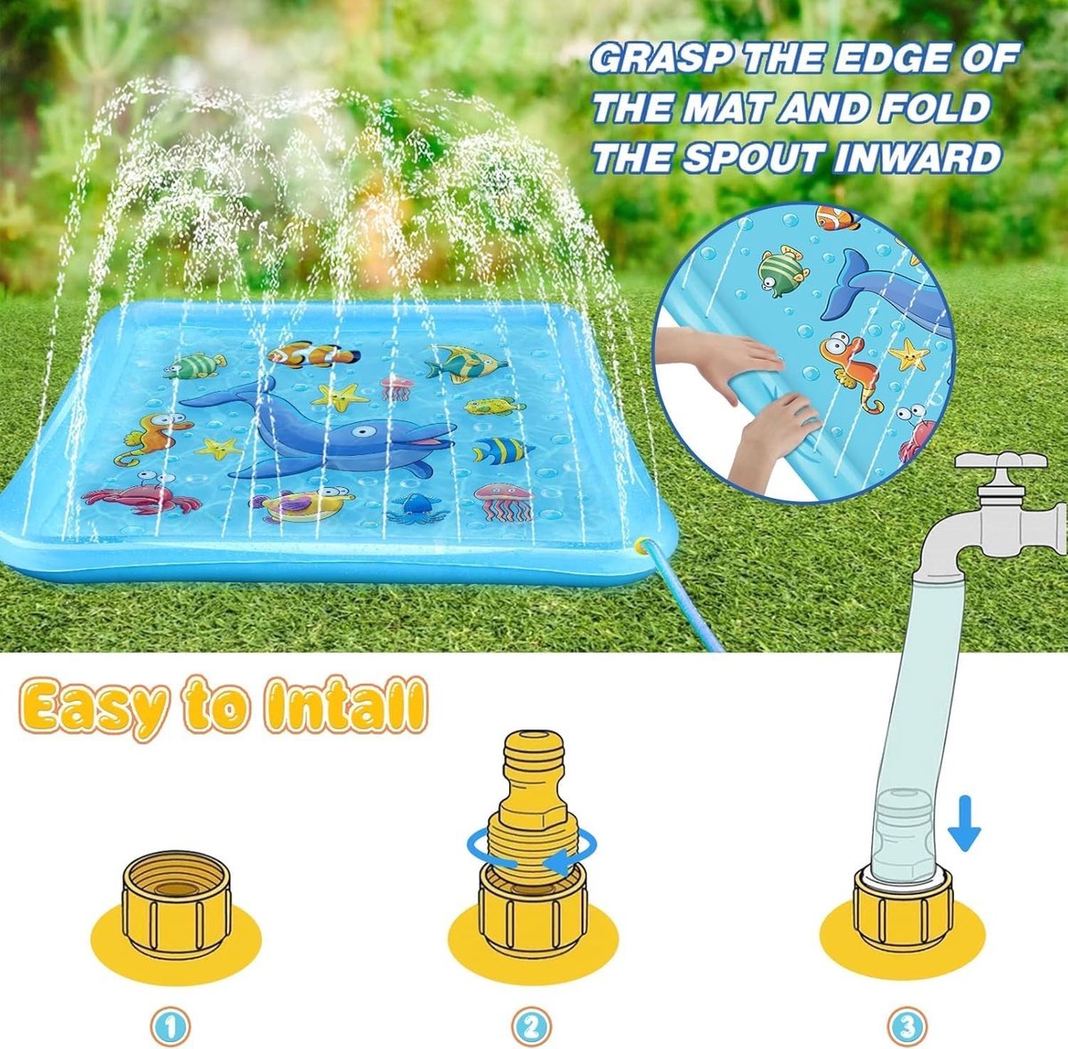 Vierkante waterspeelmat 170 cm met watersprinkler voor kinderen, ideaal voor zomerplezier in de tuin, met walvis- en diermotieven, perfect waterspeelgoed voor buitenactiviteiten