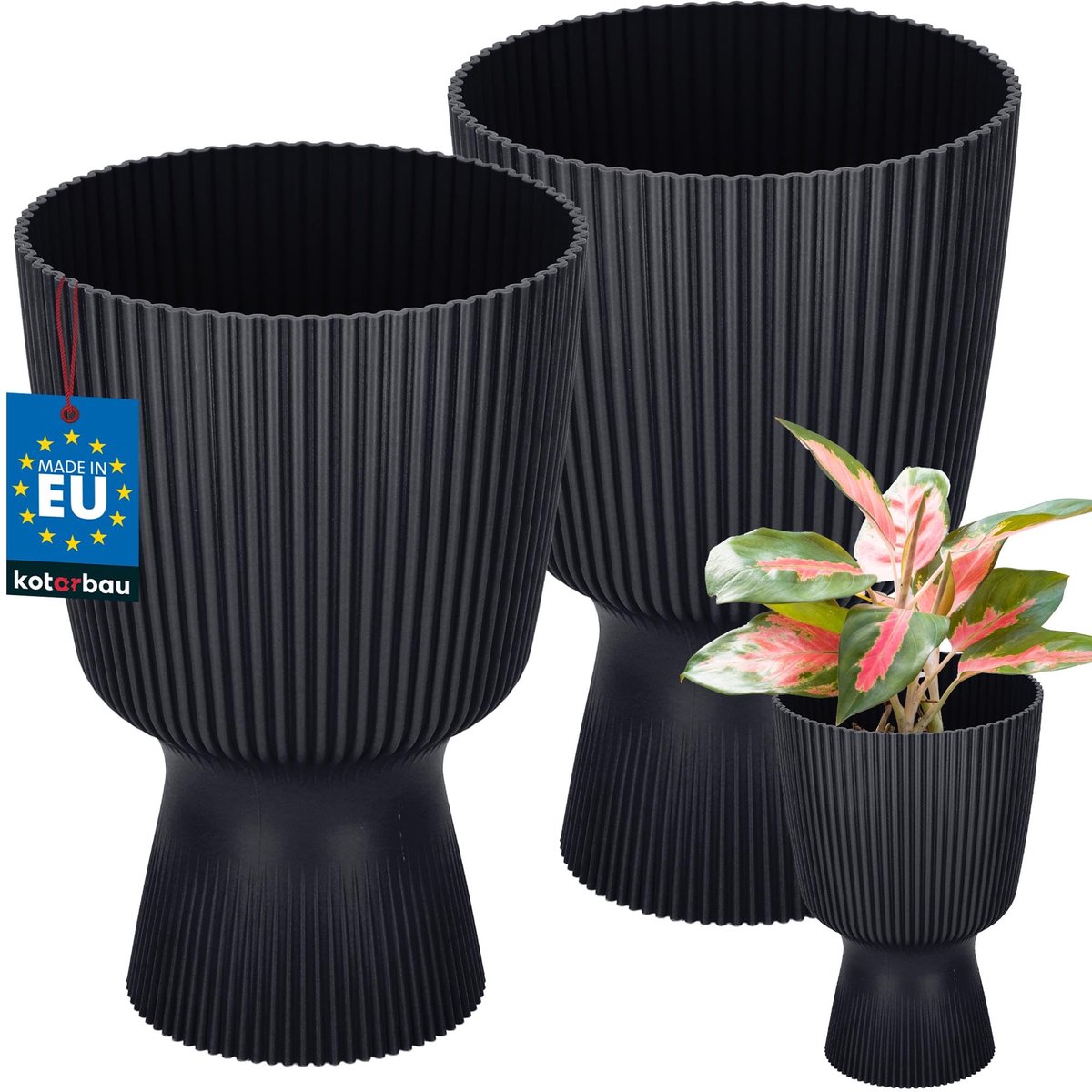 KOTARBAU® 2 Stuks - Bloempot - Plantenpot met Sokkel ⌀ 14 cm - PVC - Geribbelde Orchideeënpot - H: 21 cm - Antraciet - Kelkvorm