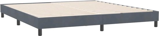 Donkergrijs bedframe zonder matras, met houten lattenbodem en vier zwarte pootjes.
