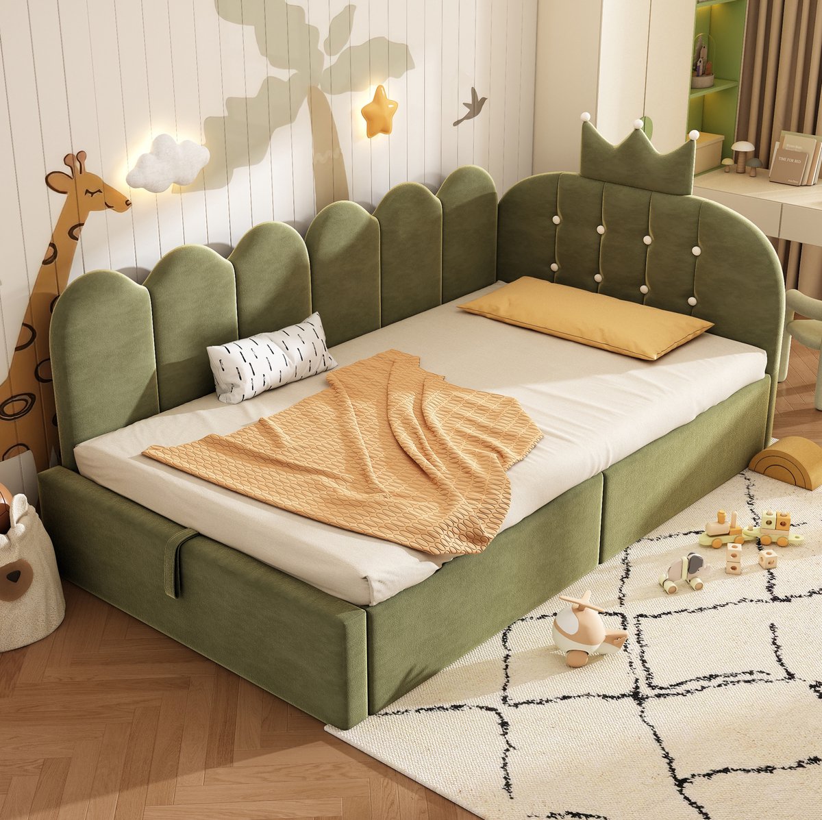 REDOM - Bedbank met opbergruimte - Velours bekleding - Kroon- en roosterdesign - L-vorm - Kindkamer en logeerkamer - Stof en metaal - Groen - 90 x 200 cm