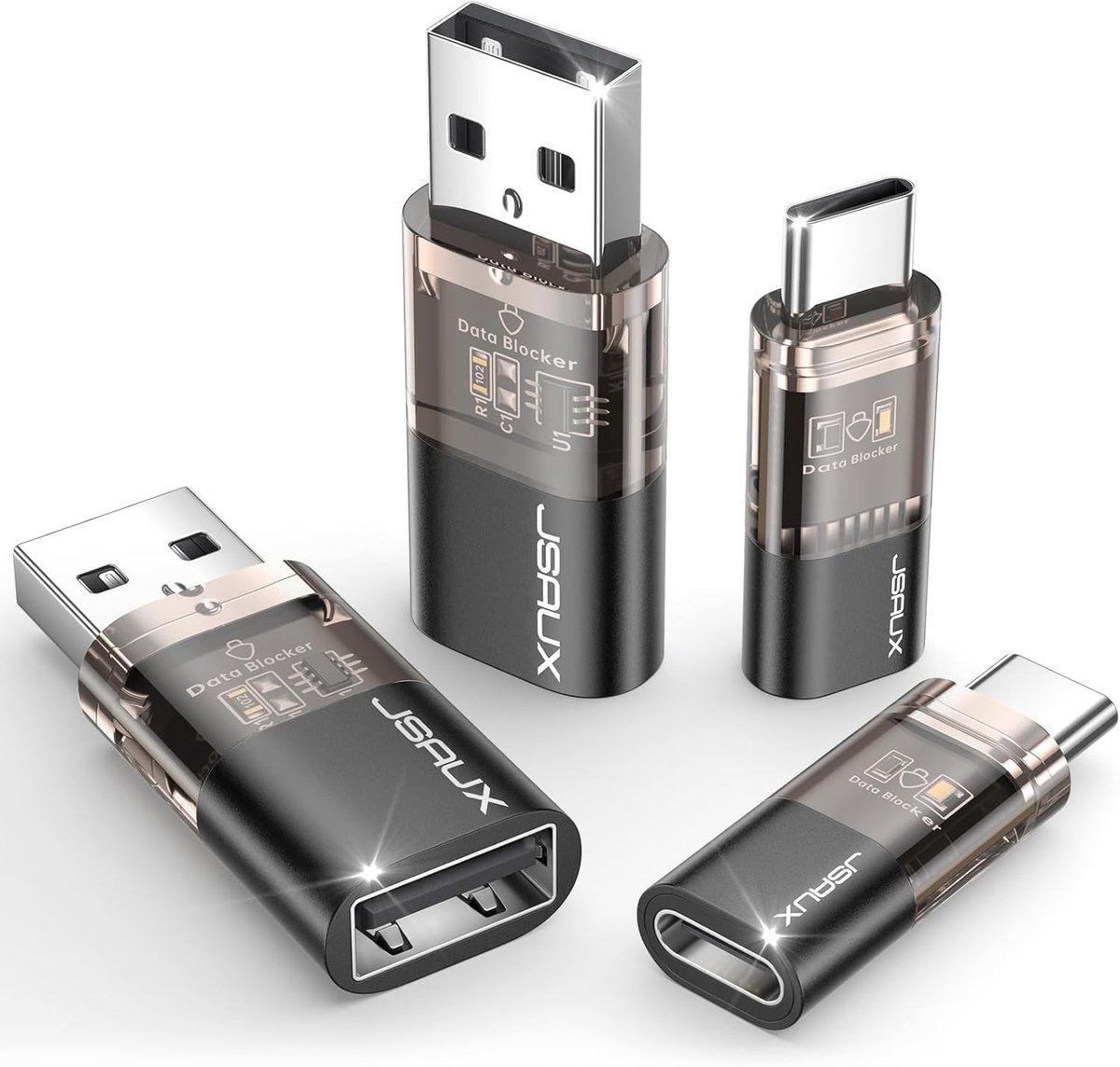 SnelShoppen - USB Data Blocker & USB C Data Blocker (4 Pak) - Transparante Type A en Type C Data Blokkers - Veilig Opladen - Bescherming tegen Hackers