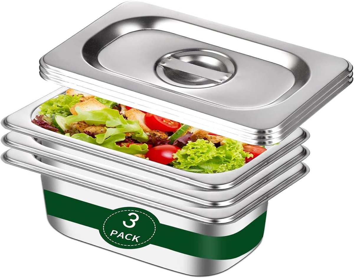 Breading Dish Set 3-Piece with Lid, Stackable GN 1/3 Stainless Steel Containers, Ideal for Cutters, Meat and Storage - ShopVlot