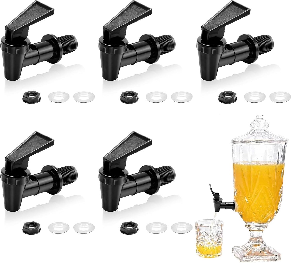 SnelShoppen - Pack van 5 Plastic Drinkdispensers met Tap voor Jerrycan, Waterdispenser, Vervangende Taps, Geschikt voor Koude en Warme Dranken, Zwart,