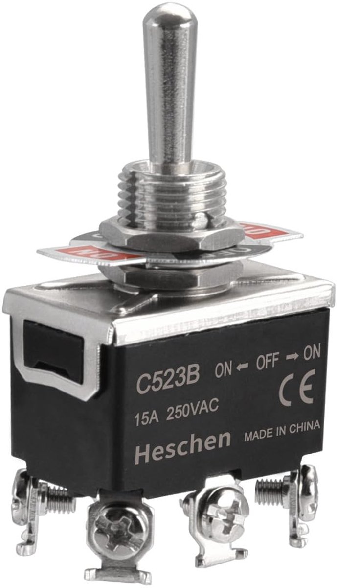 SnelShoppen - Heschen Metalen Toggle Switch DPDT ON/OFF/ON 3 Posities, 15A 250V AC, 6 Tab Schroef Terminals, Permanent Licht voor Elektronische Toepas