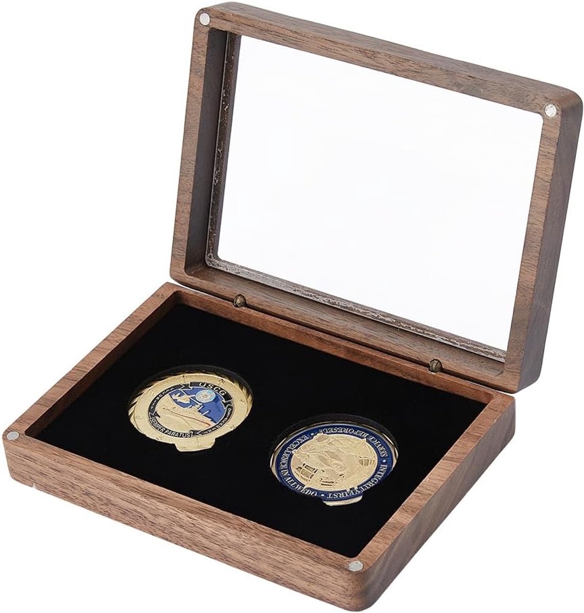 SnelShoppen - Set van 1 Houten Challenge Coin Stand voor 2 Munten, Zwart, Met Transparante Venster, Perfecte Display Box voor Herinneringsstukken