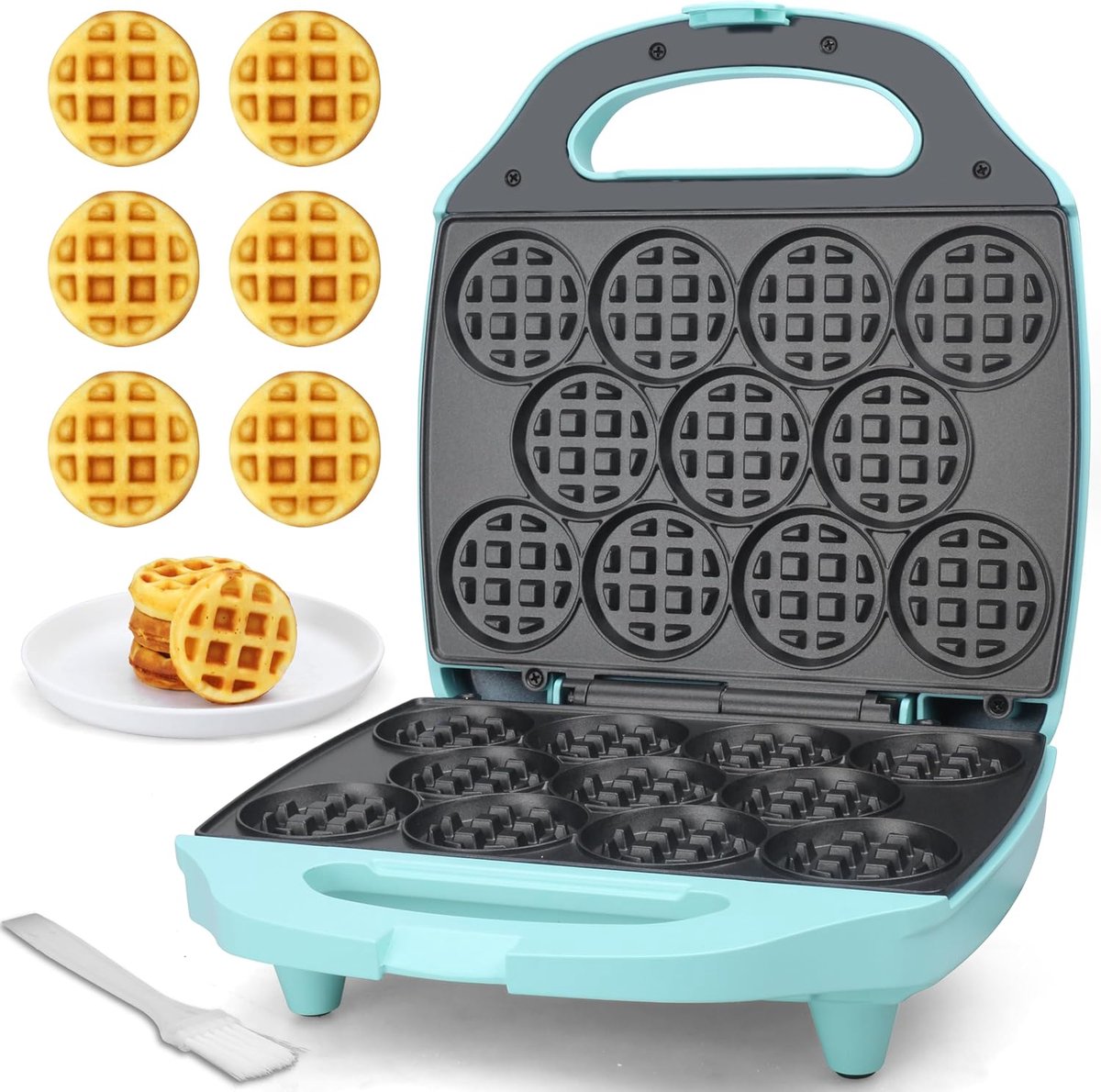 SnelShoppen - Mini Wafelijzer Rond, 11 x 5.5 cm, Perfect voor Ontbijt, Brunch, Feestjes, Aqua, EU Stekker - Maak Tot 11 Mini Wafels Tegelijk!