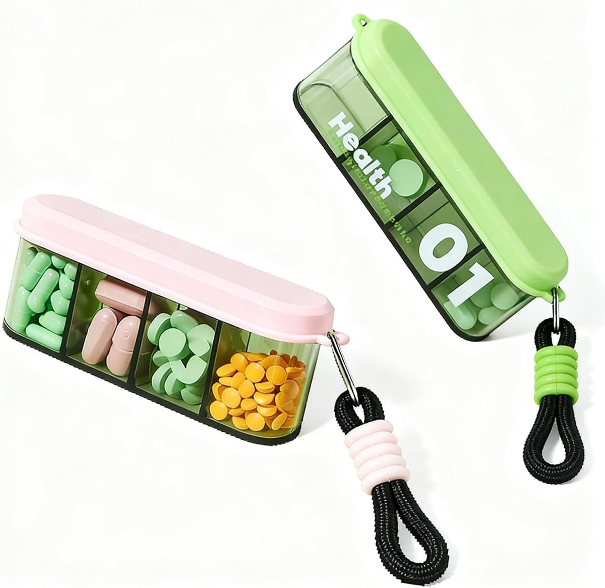 Pillendoos - Pillendoosjes - Medicijndoosje 2 Stuks met 4 Vakken – Pillendoosje met Dubbele Deksel - Schuifdeksel en Transparant Design - Compacte Pillen Organizer