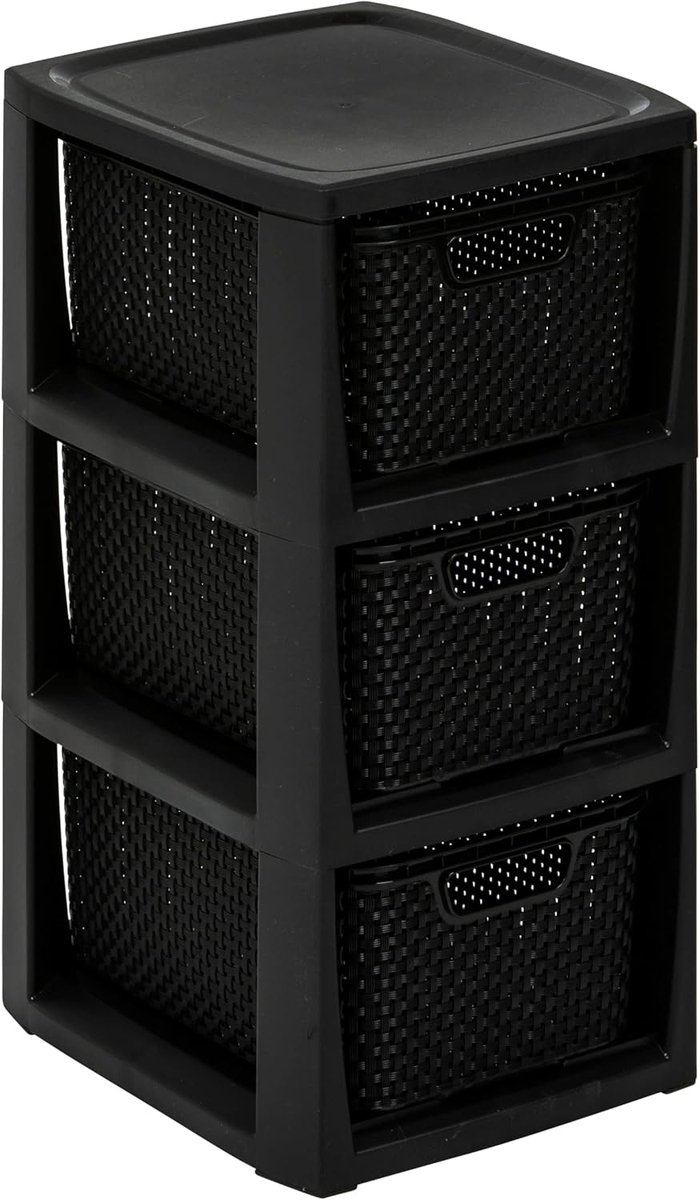 SnelShoppen - Rieten design opbergrek met 3 manden, BPA-vrij kunststof, zwart, 29,5 x 24 x 48,8 cm, ideaal voor woonkamer, slaapkamer, badkamer en kin