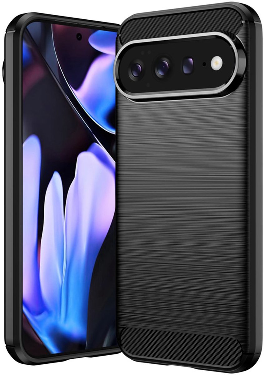 MobyDefend Hoesje - Geschikt voor Google Pixel 11 Pro XL - TPU Backcover - Geborstelde Metaal & Carbon-Look - Zwart