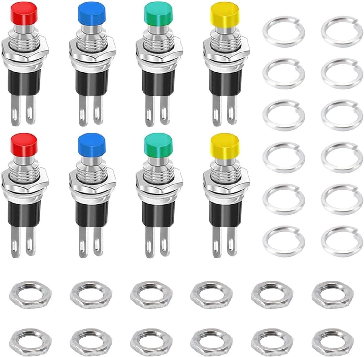 SnelShoppen - 8 Stuks Mini Drukknoppen - 2 Polige, Onvergrendelde, Zelf-Aanpassende, 7 mm, Ronde Startknop, Lockless Drukknop, 1A, 250V AC (4 Kleuren)