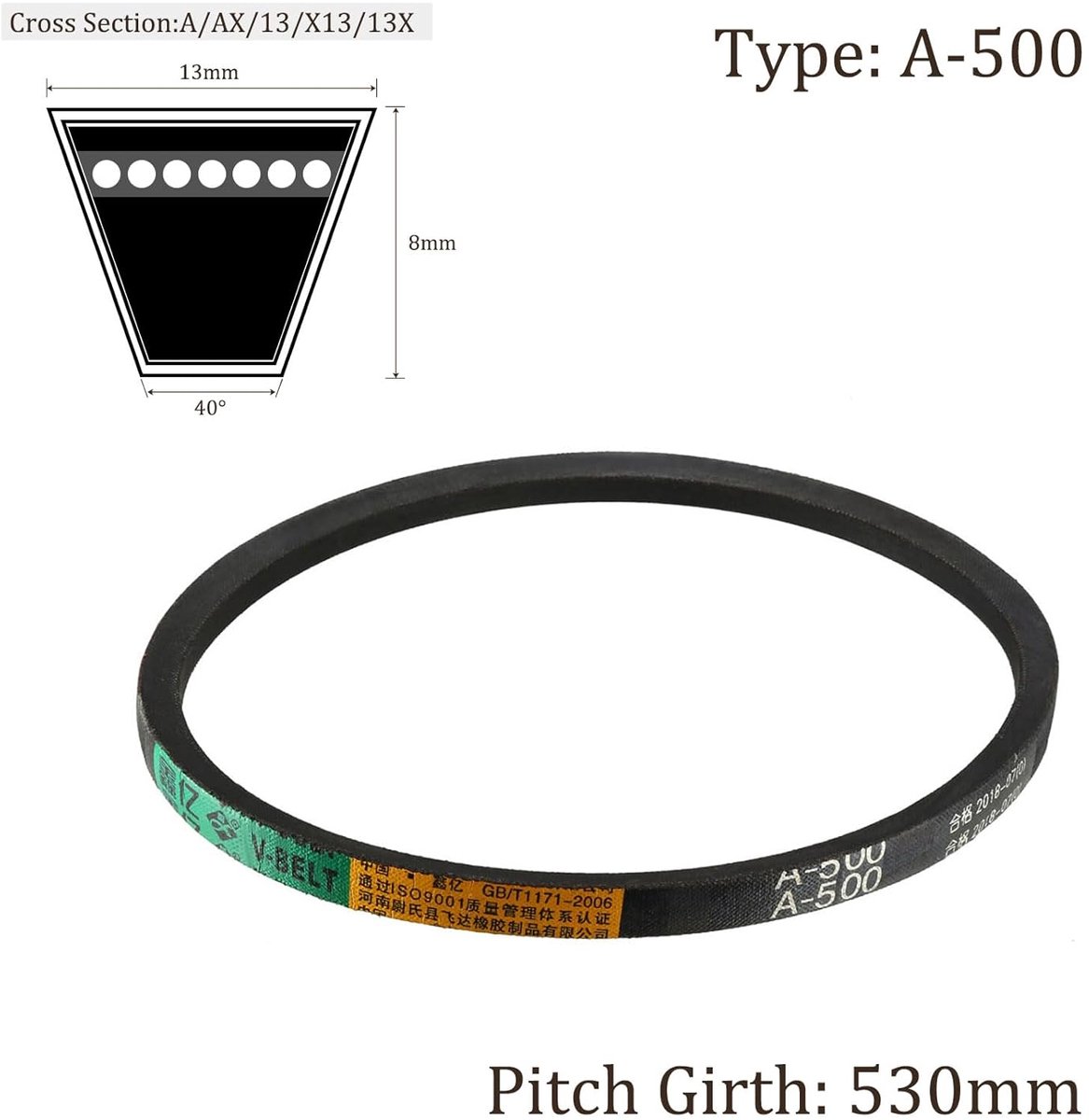 SnelShoppen - A500 Aandrijfsnaar - 530 mm Lengte x 13 mm Breedte x 8 mm Dikte - Neopreen Rubber - Zwart - Voor Krachttransmissie - Weerbestendig