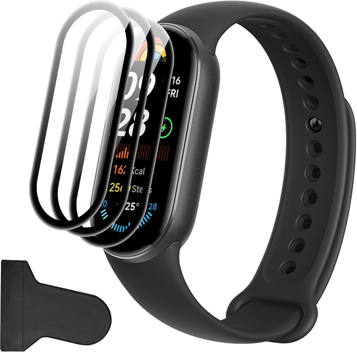 SnelShoppen - Pack van 3 Xiaomi Smart Band 9 Screen Protector, Bubble-Free, Krasbestendig, Tempered Glass, Eenvoudige Installatie, HD Transparant