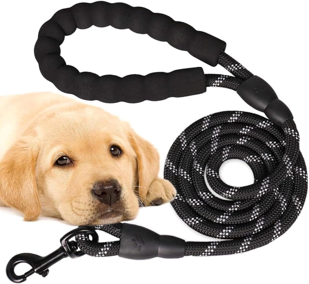 Hondenriem - Zwart - 120 cm - Stabiel Touw met Gewatteerd Handvat - Voor Kleine, Middelgrote en Grote Honden