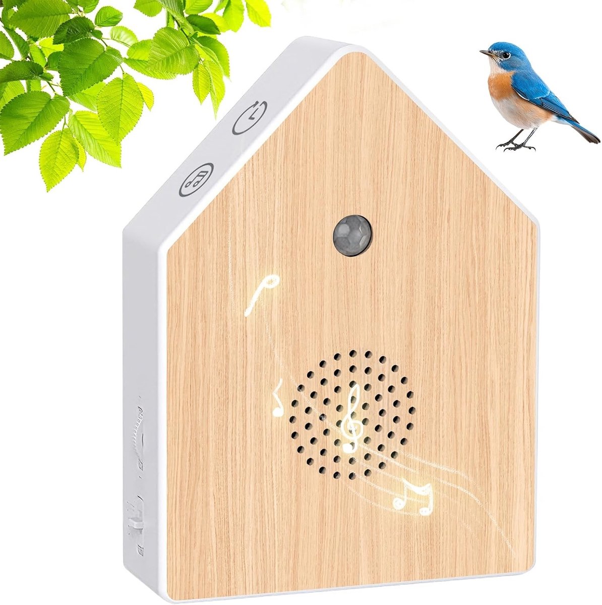 Vogelgeluiden Bewegingssensor - Houtkleur - 15 x 10,8 x 3,7 cm - Natuurgeluiden Box met Timer - Voor Ontspanning en Wellness