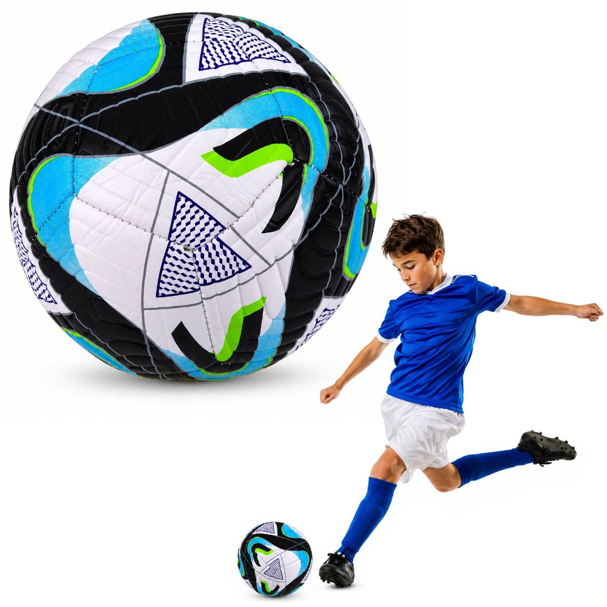 Trainingsvoetbal voor grasveld zwart en blauw 22 cm maat 5