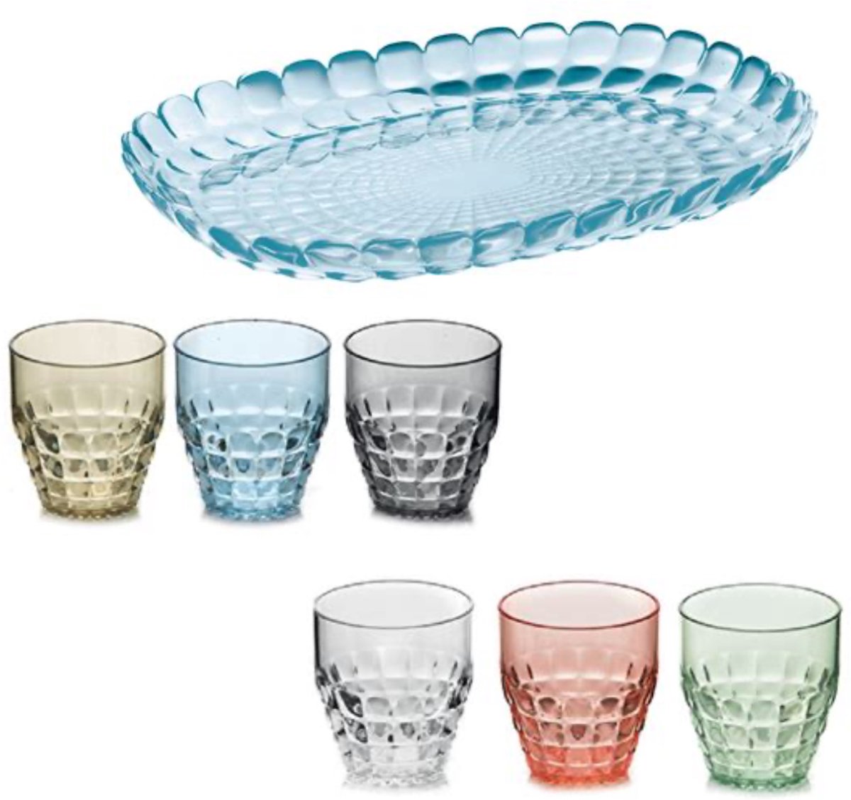 Guzzini Tiffany Serveerset 7-delig – 6 Glazen Multicolour & Serveerblad Transparant Blauw – Kunststof – Voor Tafel, Terras & Buiten – Vaatwasserbestendig & BPA-vrij – Made in Italy