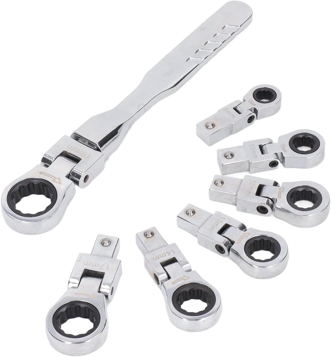 SnelShoppen - 8-delige Ratchet Moersleutel Set met Flexibele Kop, 180 Graden Rotatie, Chrome Vanadium Staal, 7 Verschillende Sleutelkoppen voor Auto R