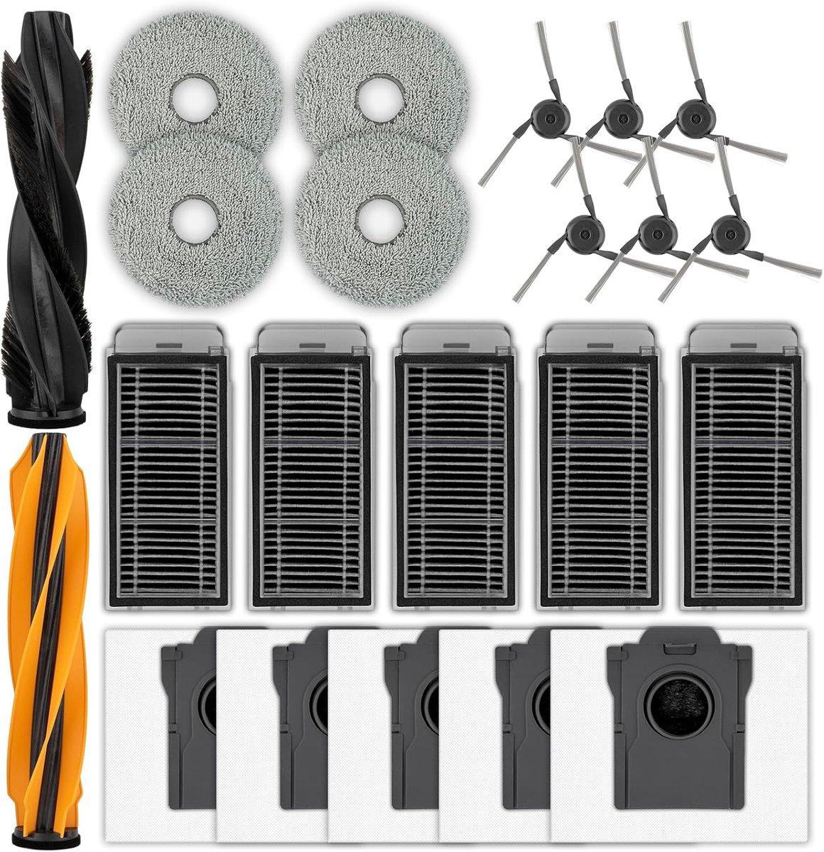 SnelShoppen - 22PCS Vervangingsonderdelen Set voor Robotstofzuiger - Inclusief 2 Rollerborstels, 6 Zijkantenborstels, 5 Stofzakken, 5 HEPA Filters, 4