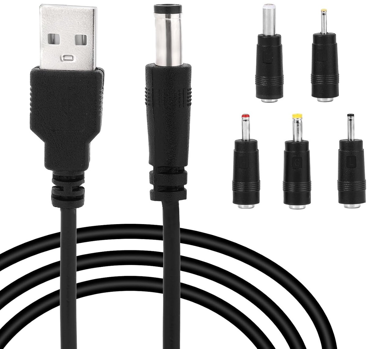 SnelShoppen - 1M 5V Multifunctionele USB naar DC Oplaadkabel met 5 Aansluitingen voor Bluetooth Speakers, Laptops, LED Verlichting, 5.5x2.5mm, 4x1.7mm