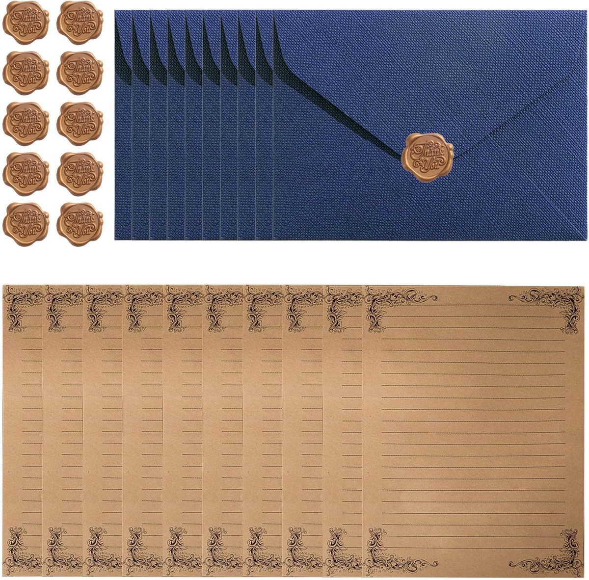 SnelShoppen - Vintage Stationery Set - 10 Vintage Enveloppen, 10 Vel Retro Briefpapier, 10 Wax Stickers - Perfect voor Uitnodigingen en Dagelijks Gebr