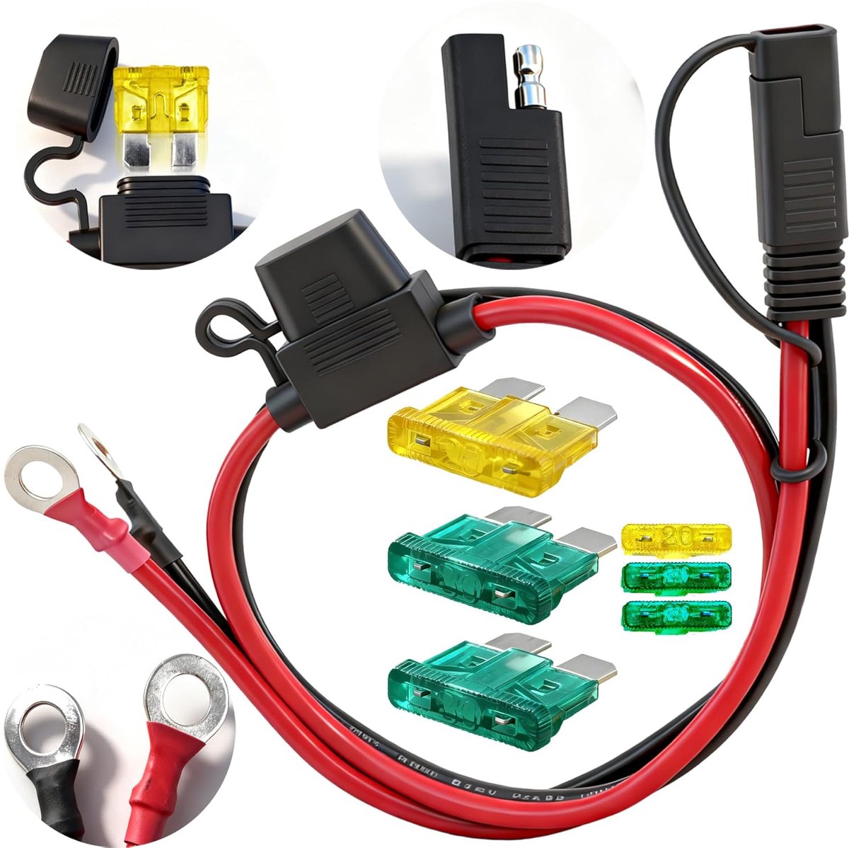 SnelShoppen - 10AWG SAE Power Lead met Snelle Ontkoppelring, 20A/30A Zekeringen & Kap, 12V Voeding voor Motorfiets, Auto, Zonne-energie, Tuin, Camping