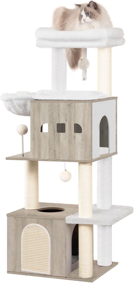 Hzuaneri Krabpaal van 130 cm, kattentoren met meerdere verdiepingen, 2 kattenholtes met gevoerde bedden, kattenhuismeubel met 4 krabbomen, grote platforms, krabpaal van hout, Grijsbeige