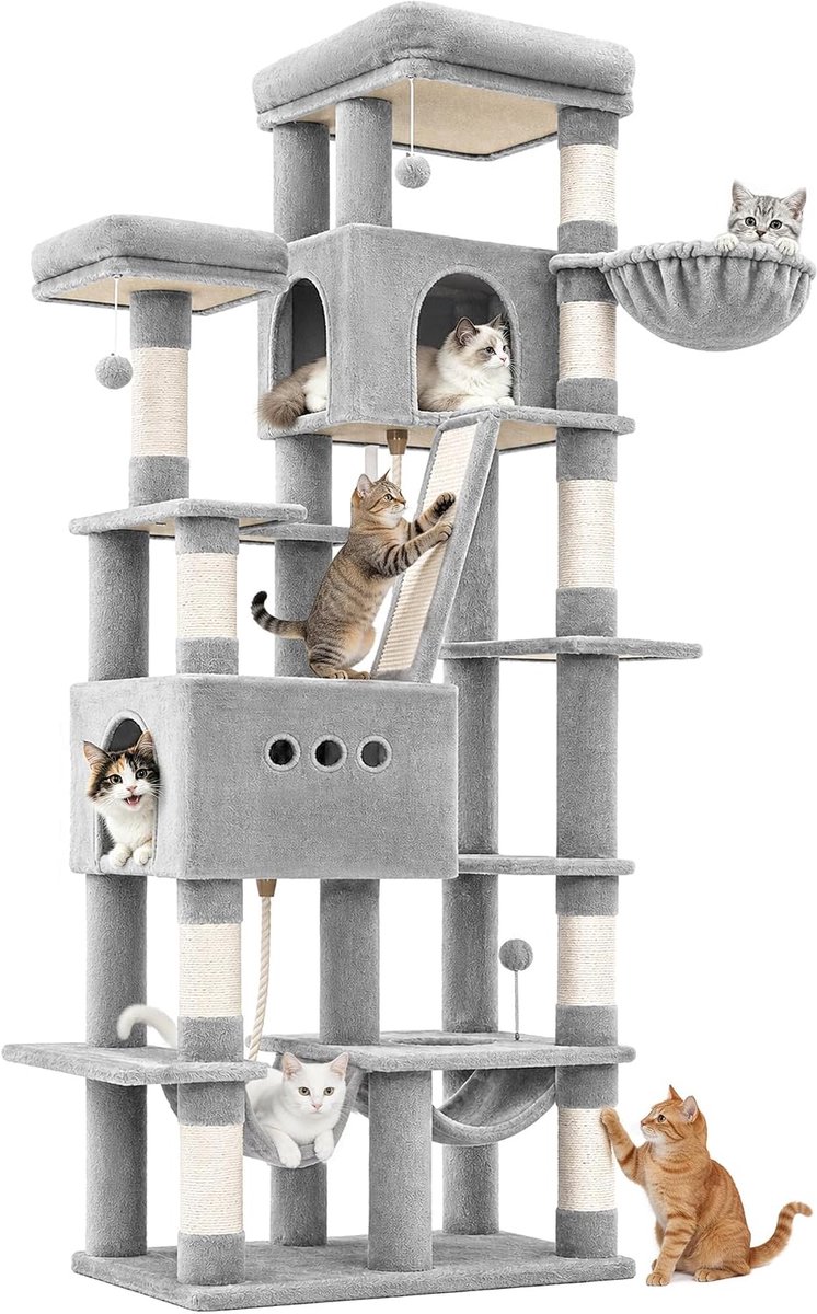 Hzuaneri Krabpaal, 201 cm XXL Krabpaal met 9 krabpalen, 2 holen, 2 hangmatten, groot platform, sisaltouw, mand, robuuste krabpaal voor Maine Coons en grote katten, lichtgrijs