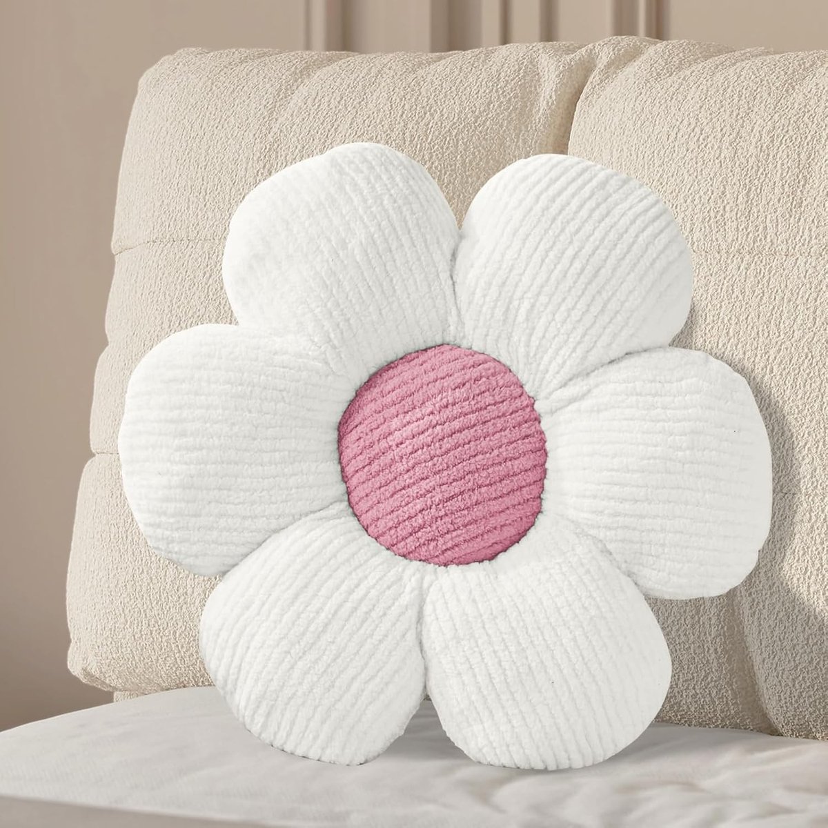 Pluche Bloem Kussen 40cm - Aesthetisch Decoratief Kussen voor Slaapkamer, Bank en Stoel, Wit en Comfortabel