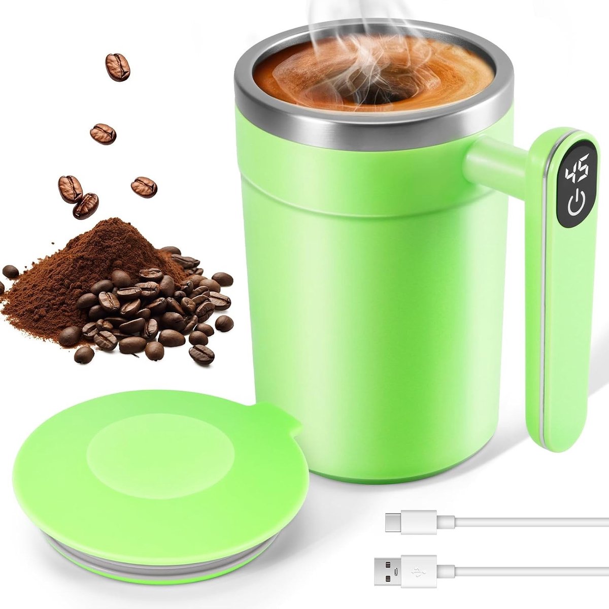 Automatische roerfunctie koffiemok van roestvrij staal, 400 ml, met USB-oplaadfunctie en temperatuurweergave voor koffie, melk en warme chocolademelk