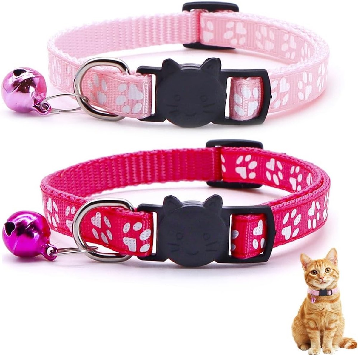 Verstelbare kattenhalsbanden met bel en veiligheidssluiting, geschikt voor alle huiskatten (Roze + Rood)