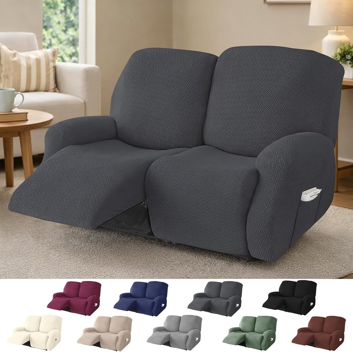 Elastische Hoes voor 2-Zits Bank, Jacquard Beschermhoes met Zakjes voor TV Bank en Relaxbank (Donkergrijs, 6 Stuks) - Ideaal voor Meubilair Bescherming, Stijlvolle Interieurdecoratie en Eenvoudige Installatie