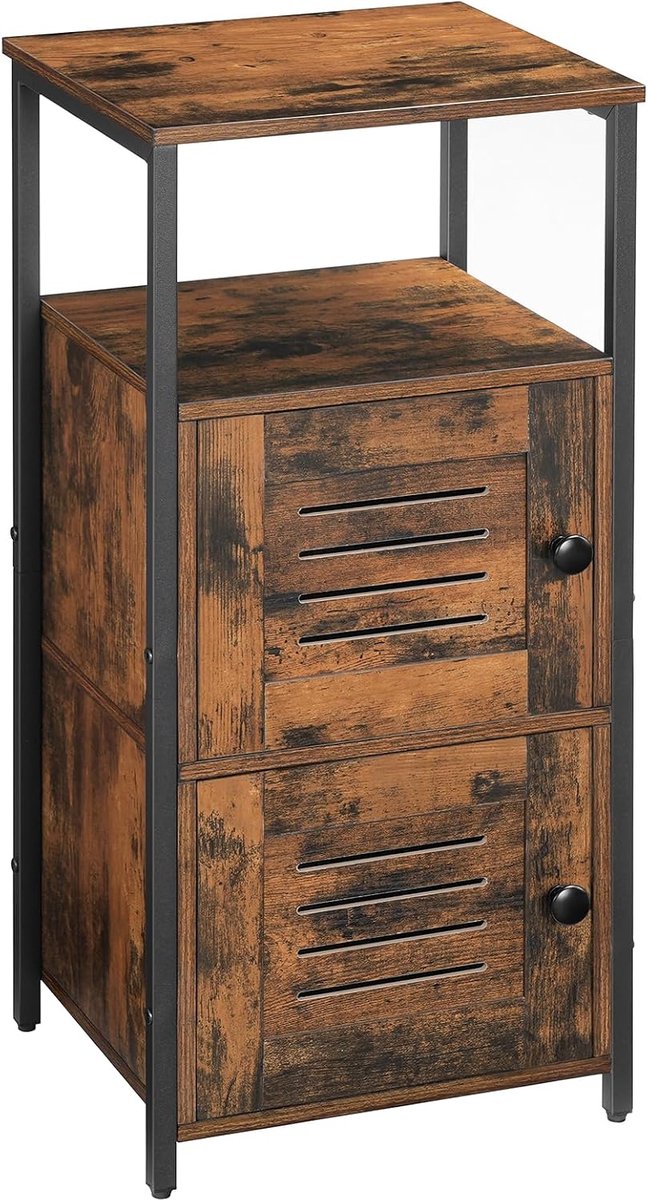 Home & Beyond® Smalle Badkamerkast met Open Plank en Lamellendeur - Bijzetkast en Nachtkastje met Zwart Frame - 34 x 30 x 75 cm