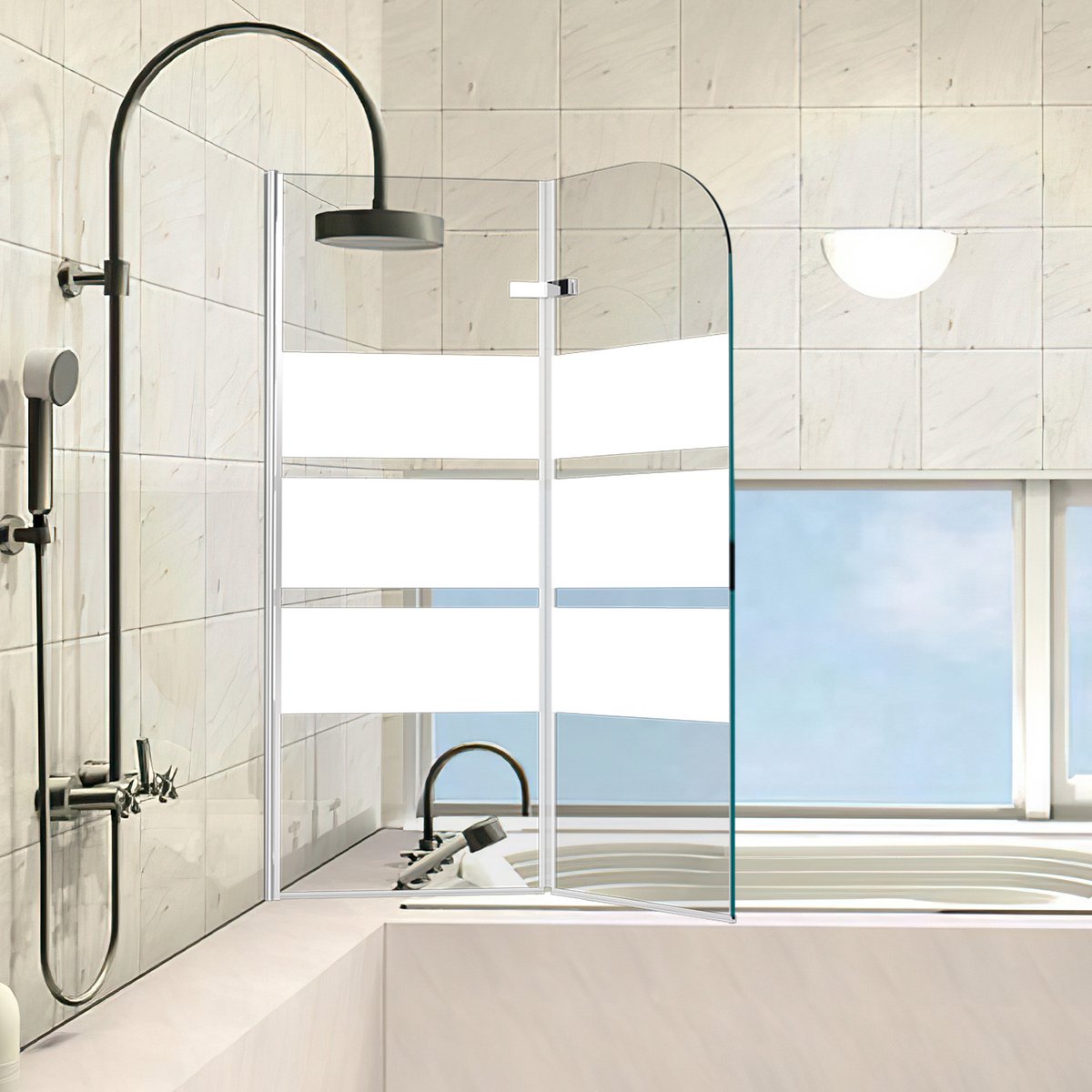 Peviasot Badwand 100x140 cm - 2-delig Inklapbaar - 6 mm Veiligheidsglas - Witte Strepen