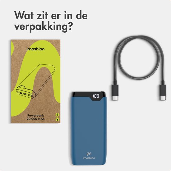 Blauwe imoshion powerbank met een LED display, een USB-C kabel en de verpakking.