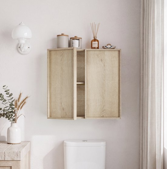 FloraGrace Badkamerkast - Greeploos Wandmodel Met Dubbele Deuren - Eikenoptiek Voor Badkamer En Hal - MDF En Spaanplaat - 60x21,6x58 Cm — afbeelding 5