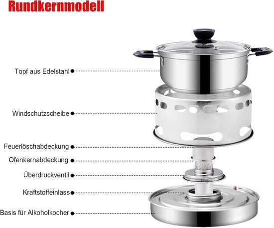 Roestvrij staal spirituskoker, draagbaar campingkooktoestel, campingkooktoestel, set, outdoor, camping, kooktoestel, spirituskoker, binnen, geschikt voor binnen en op de camping (instelbaar） van Merkloos — afbeelding 3