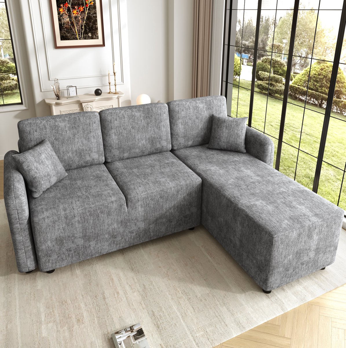 FloraGrace Hoekbank 3 Zits L Vorm Met Lange Ligvlak 144 Cm Comfortabele Chenille Bekleding Voor Woonkamer En Studentenwoning Grijs